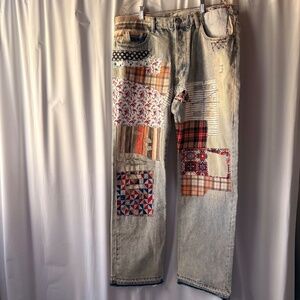 MNML Patchwork Denim Jeans Light Blue Wash Fabric Patches Button Fly Men's 36